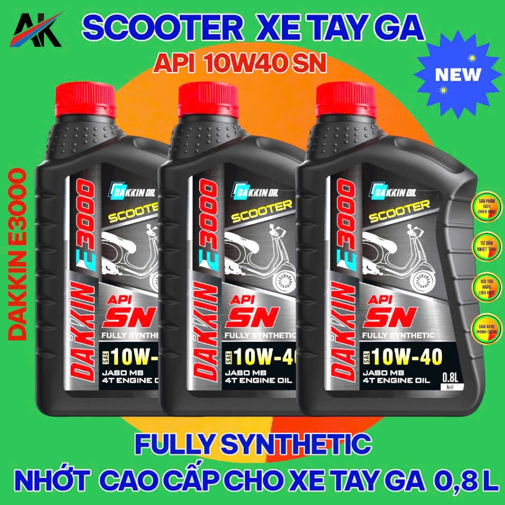 COMBO 3 CHAI DẦU NHỚT DAKKIN E3000  SCOOTER 10W40 API SN  XE TAY GA – 0.8L