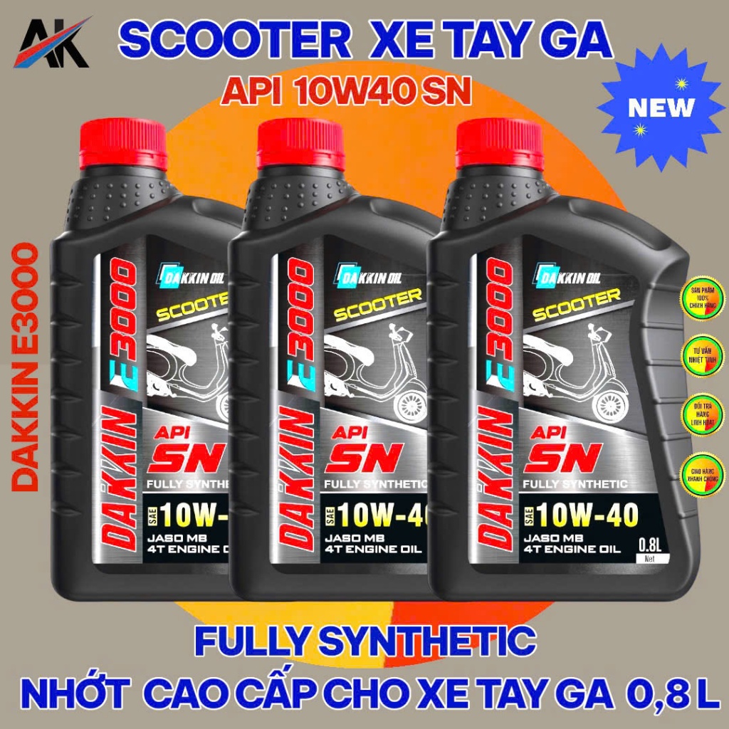 COMBO 3 CHAI DẦU NHỚT DAKKIN E3000  SCOOTER 10W40 API SN  XE TAY GA – 0.8L