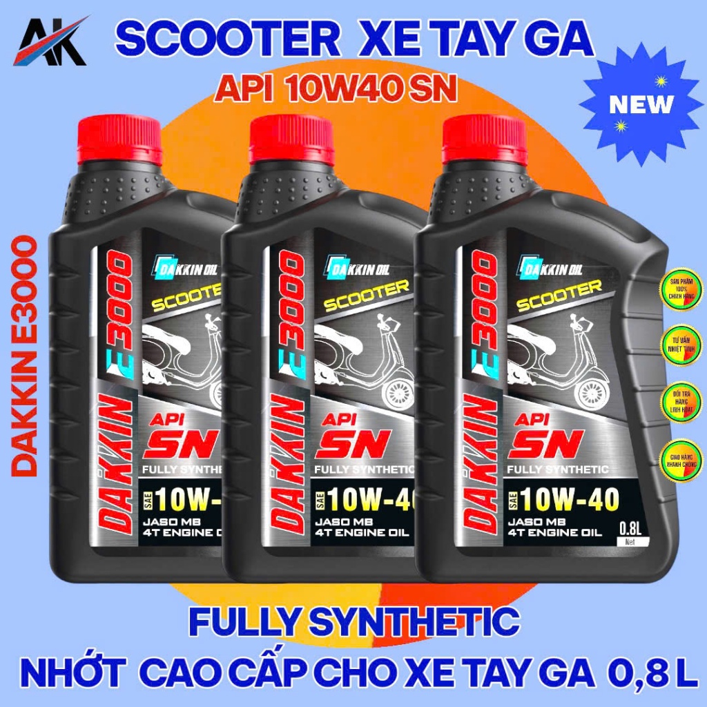 COMBO 3 CHAI DẦU NHỚT DAKKIN E3000  SCOOTER 10W40 API SN  XE TAY GA – 0.8L