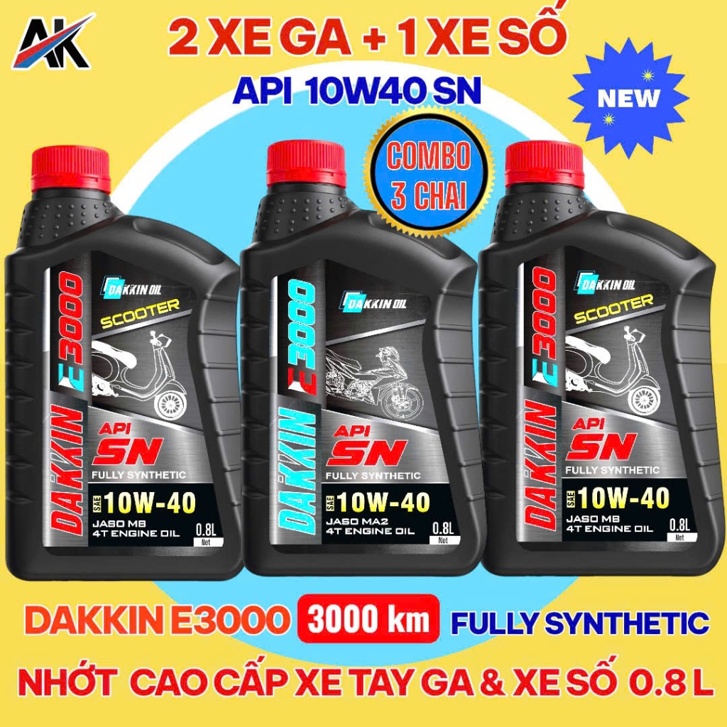 COMBO 3 CHAI DẦU NHỚT DAKKIN E3000  10W40 SN (2 CHAI TAY GA+ 1 CHAI NHỚT XE SỐ) – 0.8L