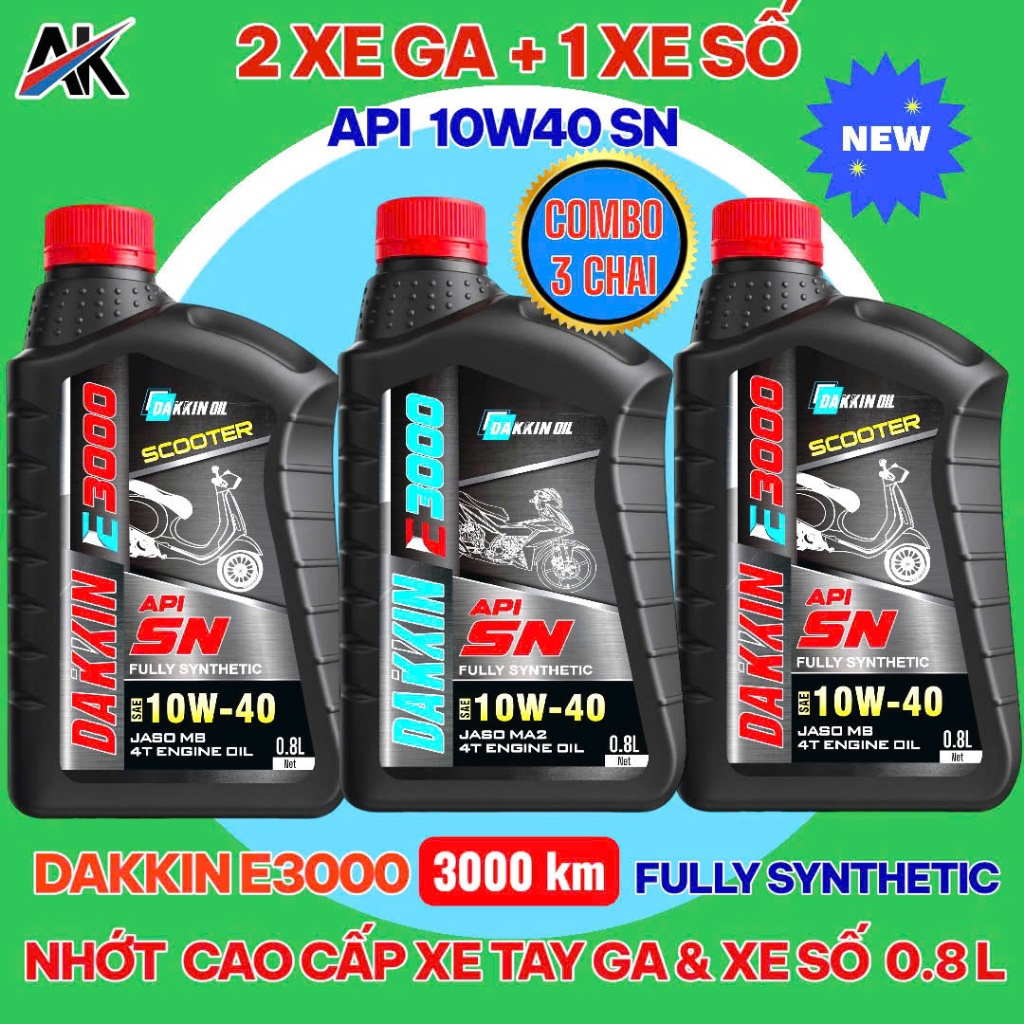 COMBO 3 CHAI DẦU NHỚT DAKKIN E3000  10W40 SN (2 CHAI TAY GA+ 1 CHAI NHỚT XE SỐ) – 0.8L