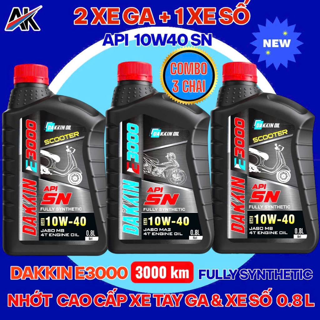 COMBO 3 CHAI DẦU NHỚT DAKKIN E3000  10W40 SN (2 CHAI TAY GA+ 1 CHAI NHỚT XE SỐ) – 0.8L