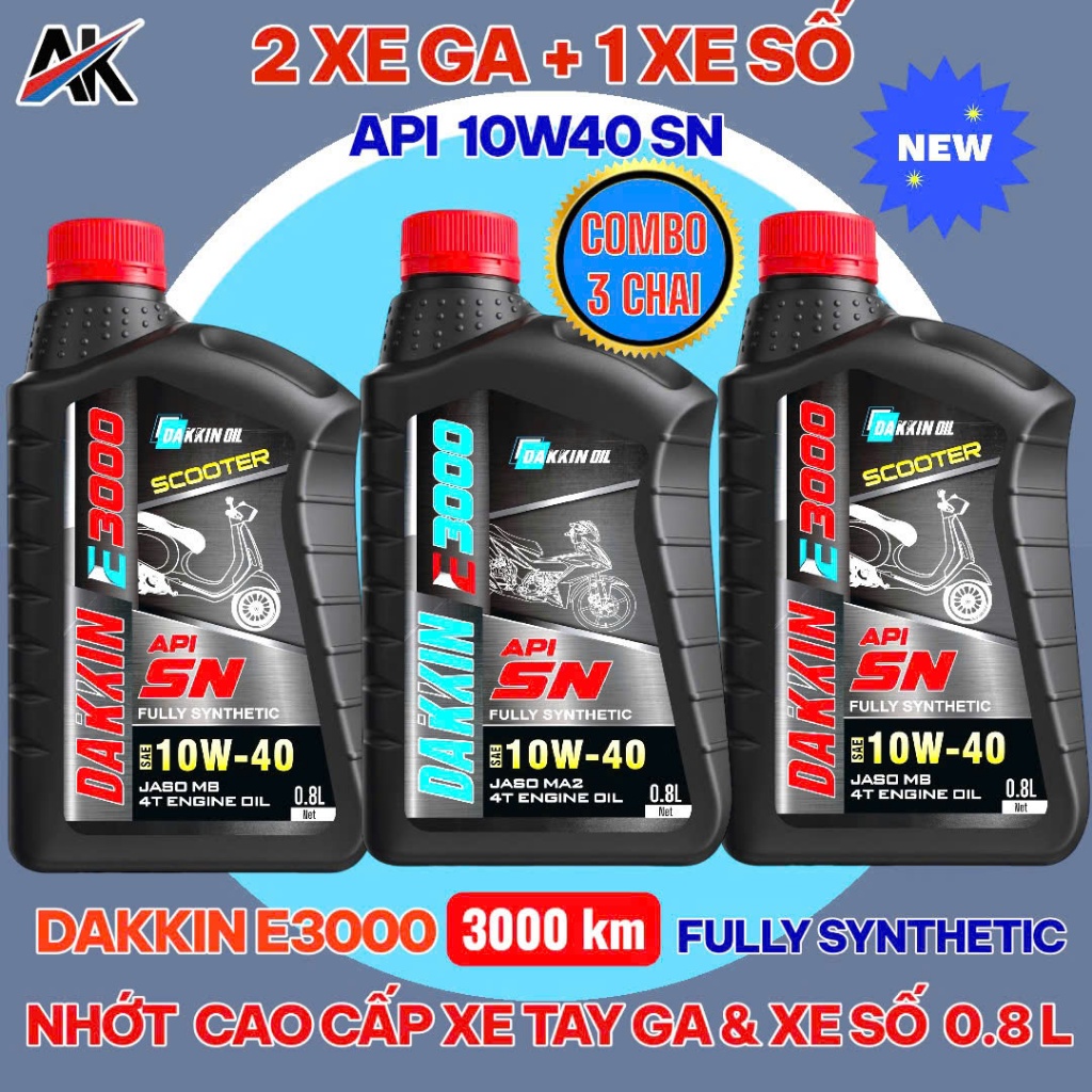 COMBO 3 CHAI DẦU NHỚT DAKKIN E3000  10W40 SN (2 CHAI TAY GA+ 1 CHAI NHỚT XE SỐ) – 0.8L