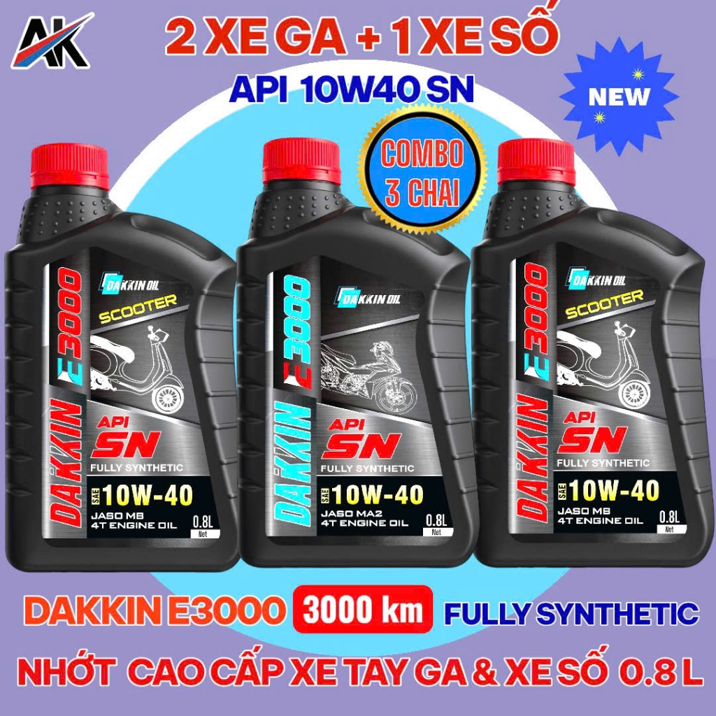COMBO 3 CHAI DẦU NHỚT DAKKIN E3000  10W40 SN (2 CHAI TAY GA+ 1 CHAI NHỚT XE SỐ) – 0.8L