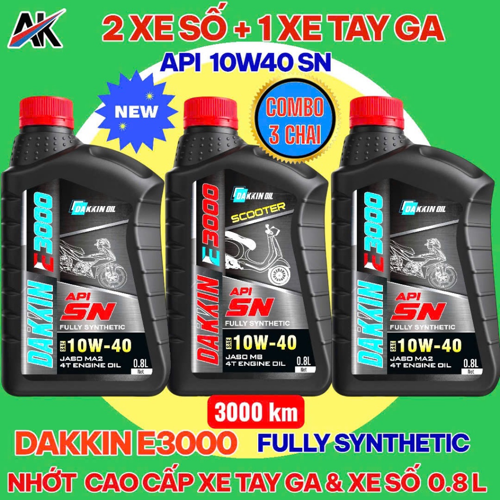 COMBO 3 CHAI DẦU NHỚT DAKKIN E3000  10W40 SN (2 CHAI NHỚT XE SỐ+ 1 CHAI TAY GA) – 0.8L