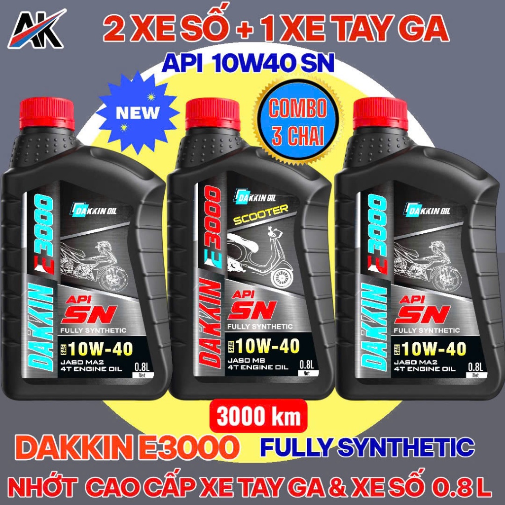 COMBO 3 CHAI DẦU NHỚT DAKKIN E3000  10W40 SN (2 CHAI NHỚT XE SỐ+ 1 CHAI TAY GA) – 0.8L