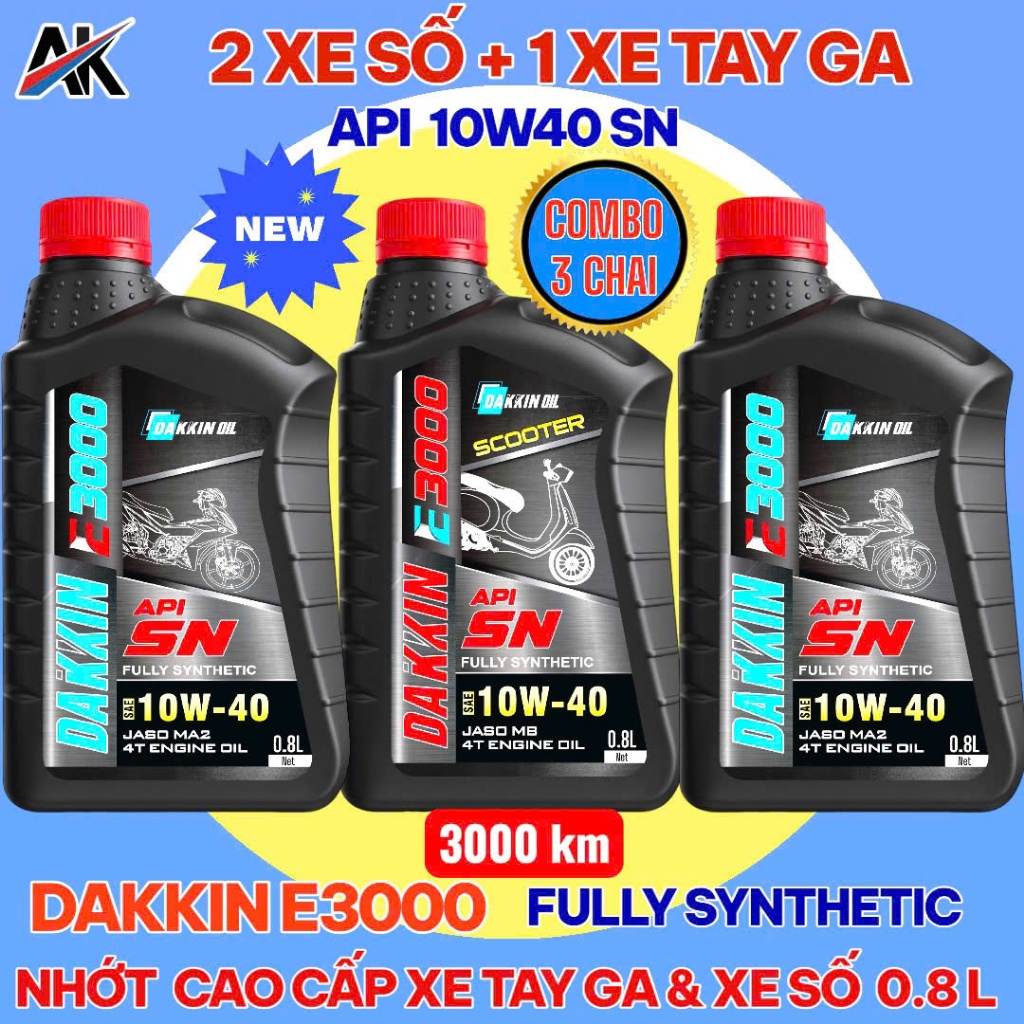 COMBO 3 CHAI DẦU NHỚT DAKKIN E3000  10W40 SN (2 CHAI NHỚT XE SỐ+ 1 CHAI TAY GA) – 0.8L