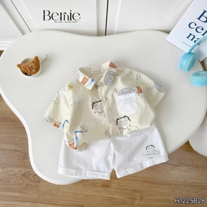 Bộ sơ mi hoạ tiết Bubble papa cá tính cho bé, set sơ mi cộc áo thô phối quần kaki bé trai
