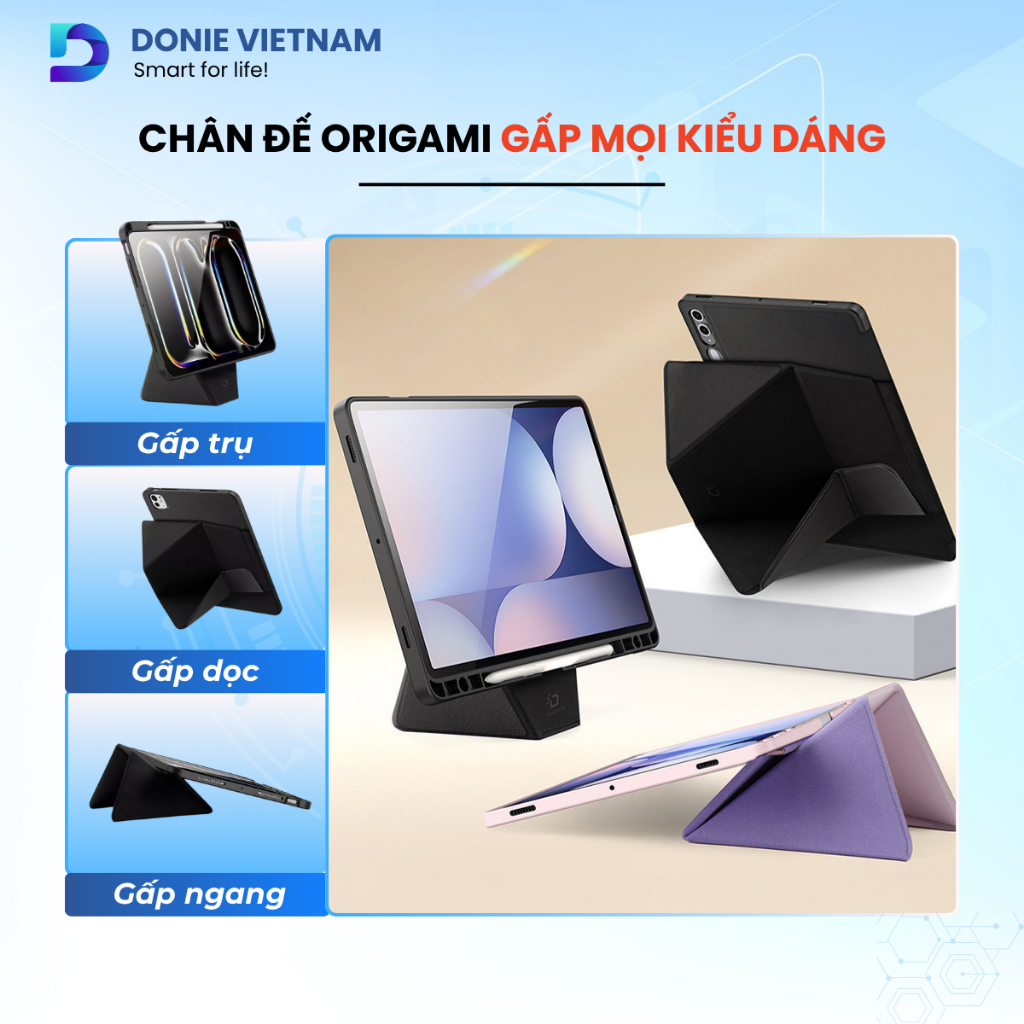 Bao Da Chân Đế Origami Công Thái Học, Chống Va Đập Cho iPad A16 Gen 10/11 Air 4/5 Pro 11 | Donie P16