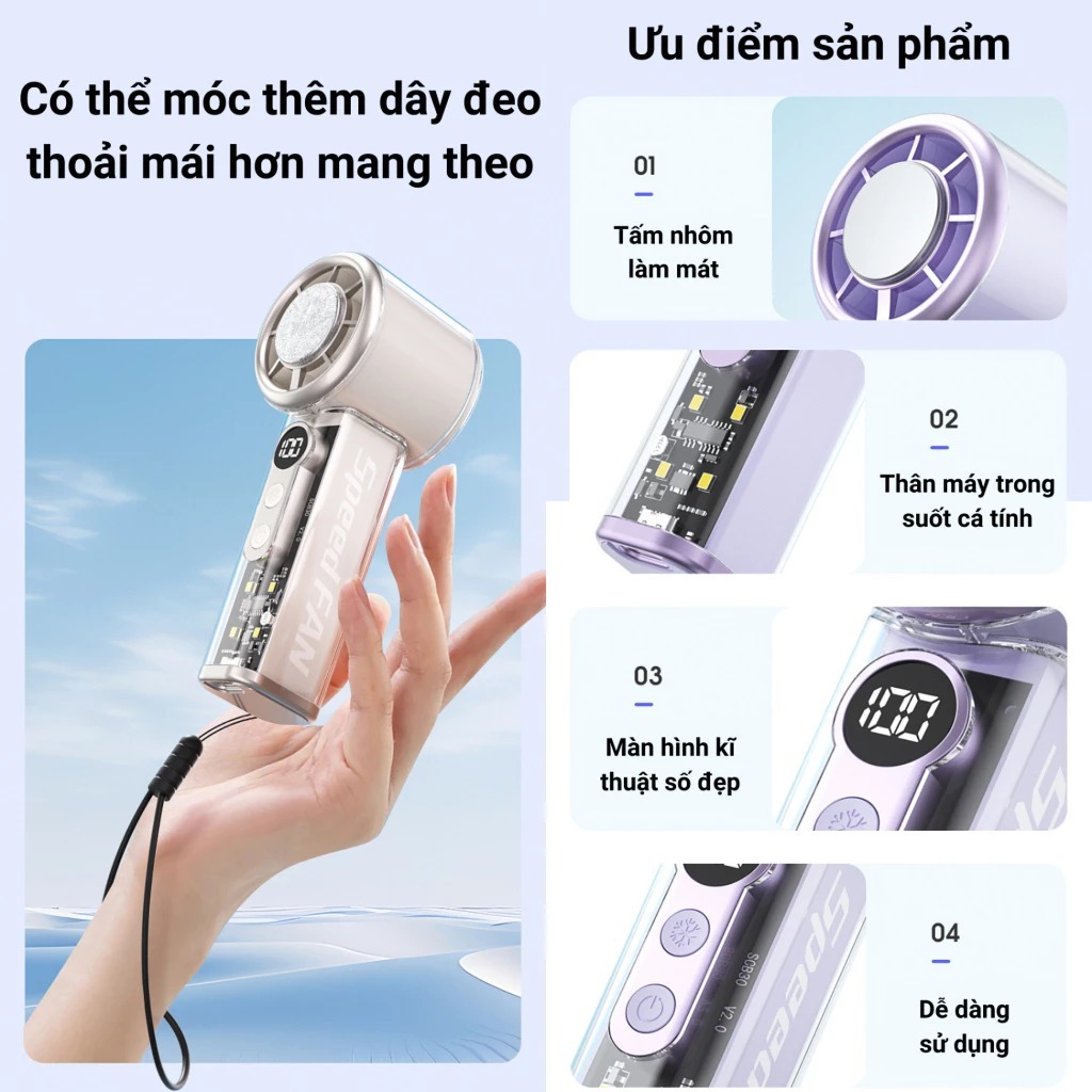 Quạt Sò Lạnh Cầm Tay Mini Làm Mát 3S, Tích Điện, Màn Hình LED, Quạt Làm Lạnh Nhanh, Pin Lâu Cao Cấp