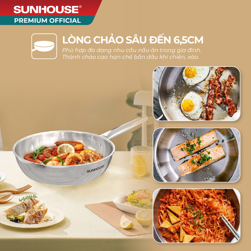 Chảo inox 304 đa lớp Sunhouse IN20-24-26M7E - 3 lớp inox liền khối - Dùng mọi loại bếp