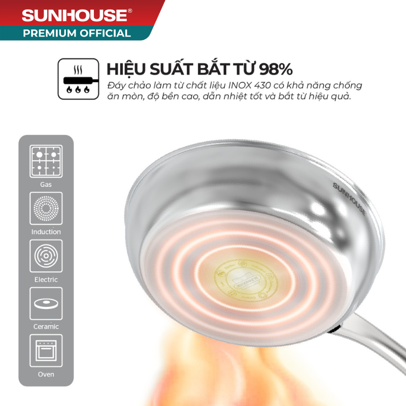 Chảo inox 304 đa lớp Sunhouse IN20-24-26M7E - 3 lớp inox liền khối - Dùng mọi loại bếp