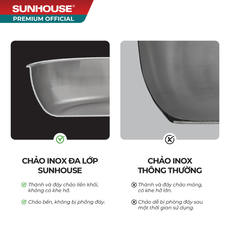 Chảo inox 304 đa lớp Sunhouse IN20-24-26M7E - 3 lớp inox liền khối - Dùng mọi loại bếp