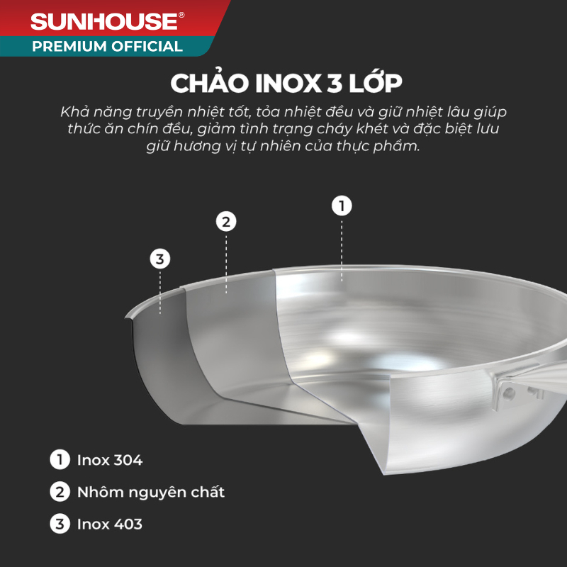 Chảo inox 304 đa lớp Sunhouse IN20-24-26M7E - 3 lớp inox liền khối - Dùng mọi loại bếp