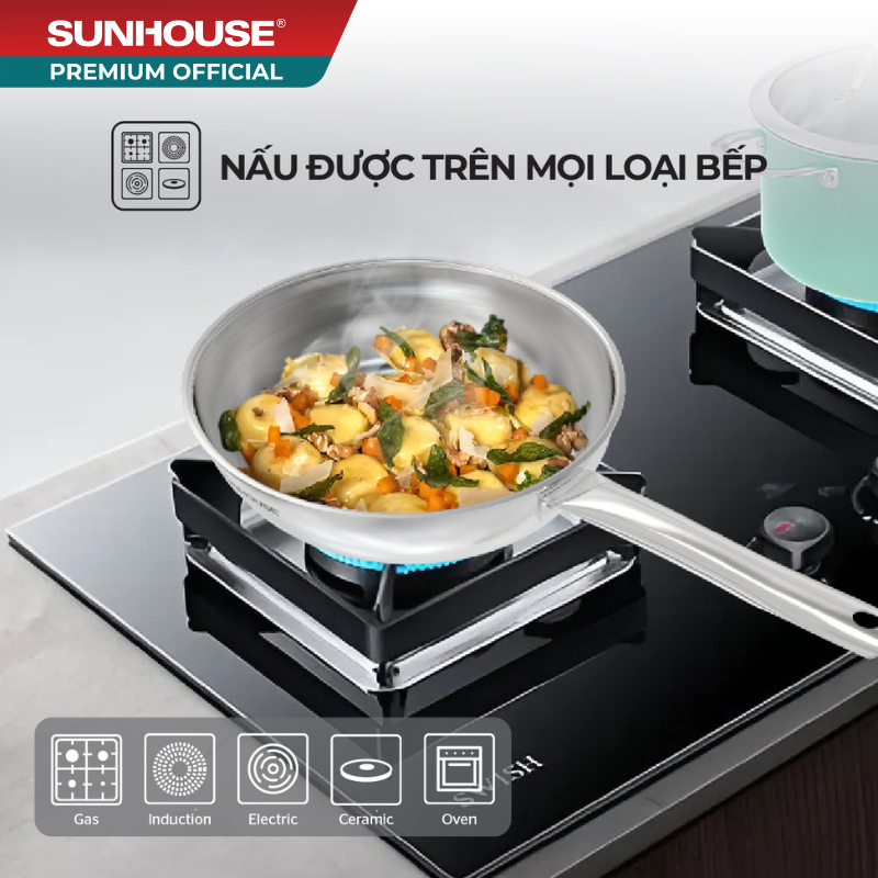 Chảo inox 304 đa lớp Sunhouse IN20-24-26M7E - 3 lớp inox liền khối - Dùng mọi loại bếp