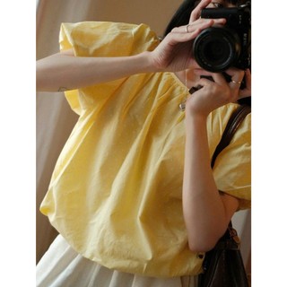 Áo sơ mi nữ kiểu 247store dáng quả bí tay phồng chất vải thô cotton cổ tròn có lót trong