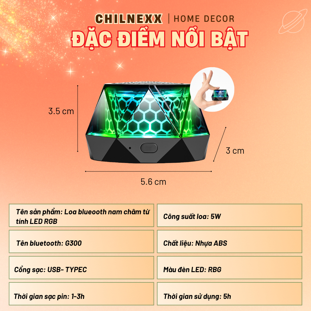Loa Mini G300 CHILNEX  nhỏ gọn dễ mang loa bluetooth chuyển màu RGB nam châm từ tính giá đỡ điện thoại