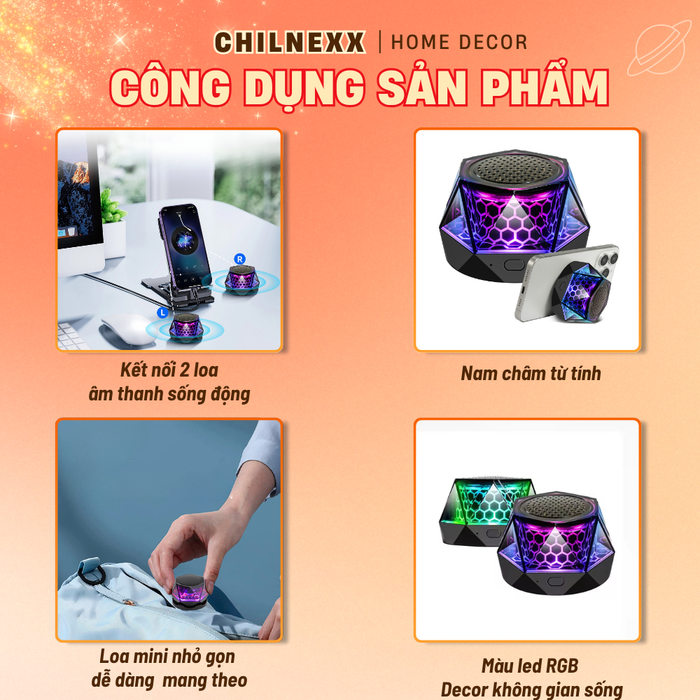Loa Mini G300 CHILNEX  nhỏ gọn dễ mang loa bluetooth chuyển màu RGB nam châm từ tính giá đỡ điện thoại