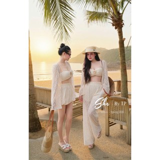 Set bikini 3 chi tiết ren siêu xinh 2 màu kem nâu dáng quân bí siêu tôn dáng năng động thoải mái xinh - Baotrang.clothes