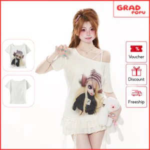 Áo phông nữ chui đầu GRADPOPU in hình hoạt hình, phong cách street style cá tính, sôi động AN253