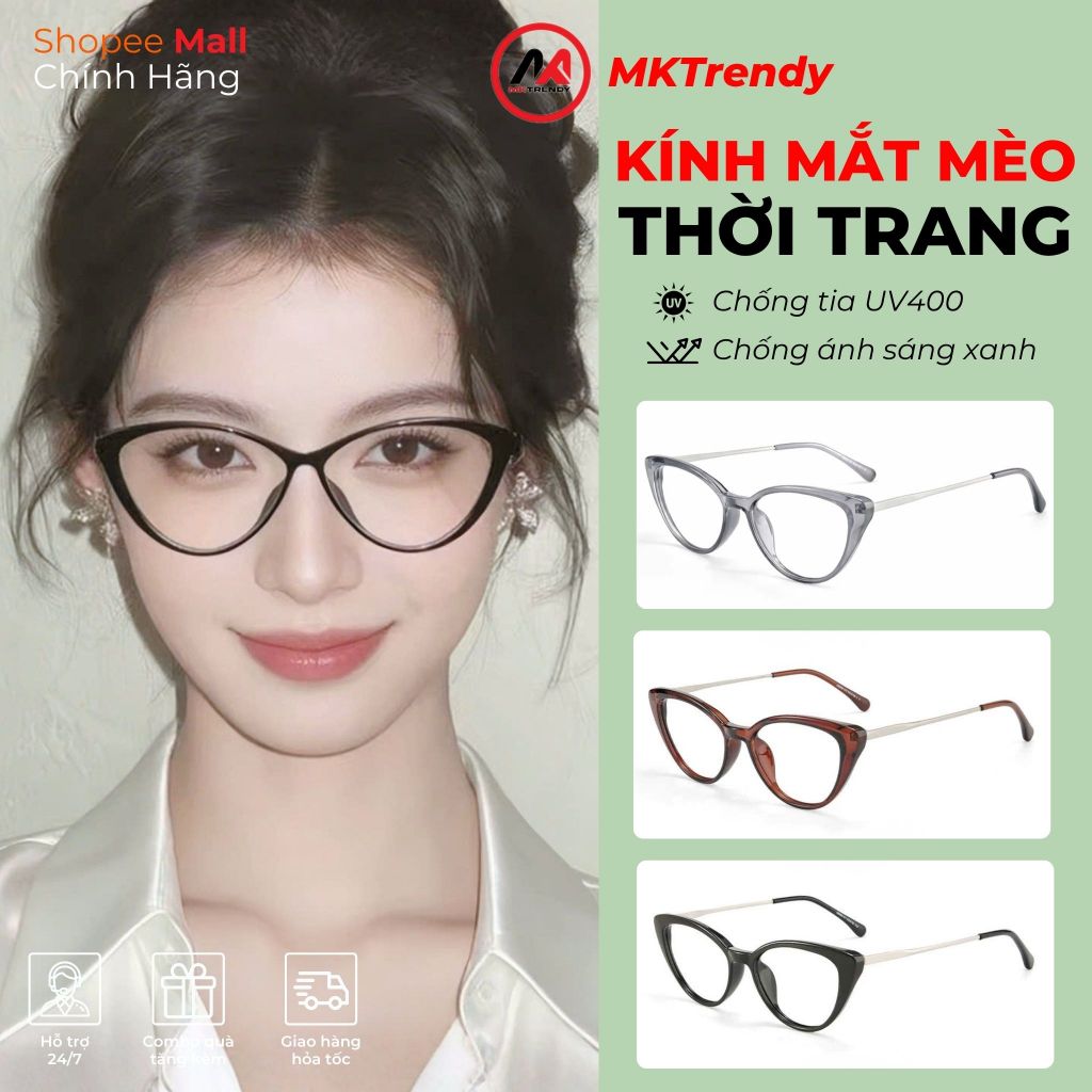 Gọng kính mắt mèo nữ MKTRENDY gọng kim loại chống tia UV chống ánh sáng xanh thời trang K25