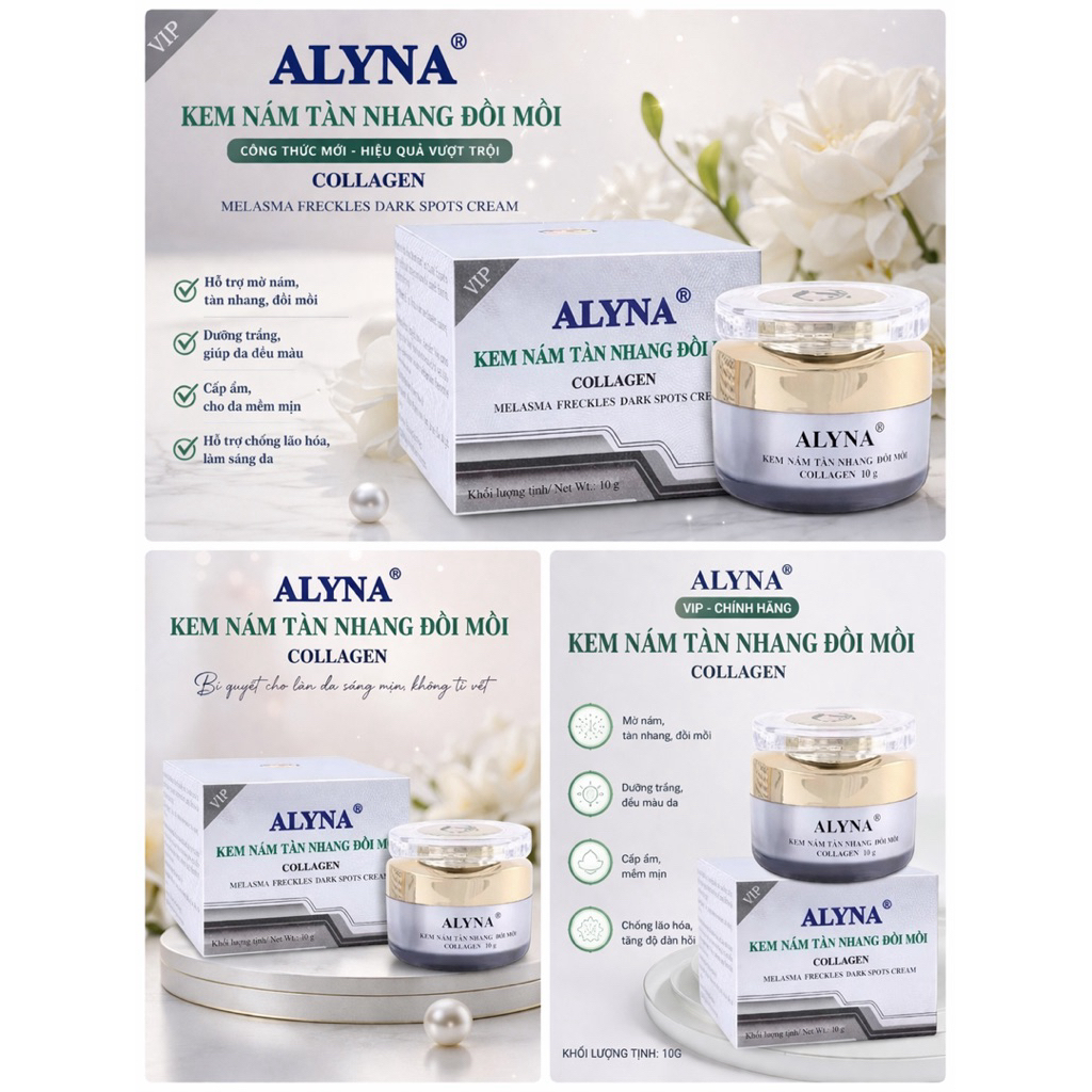 Kem nám ALYNA Collagen VIP – Mờ nám, tàn nhang, đồi mồi – Dưỡng trắng, chống lão hóa – Hũ 10g chính hãng