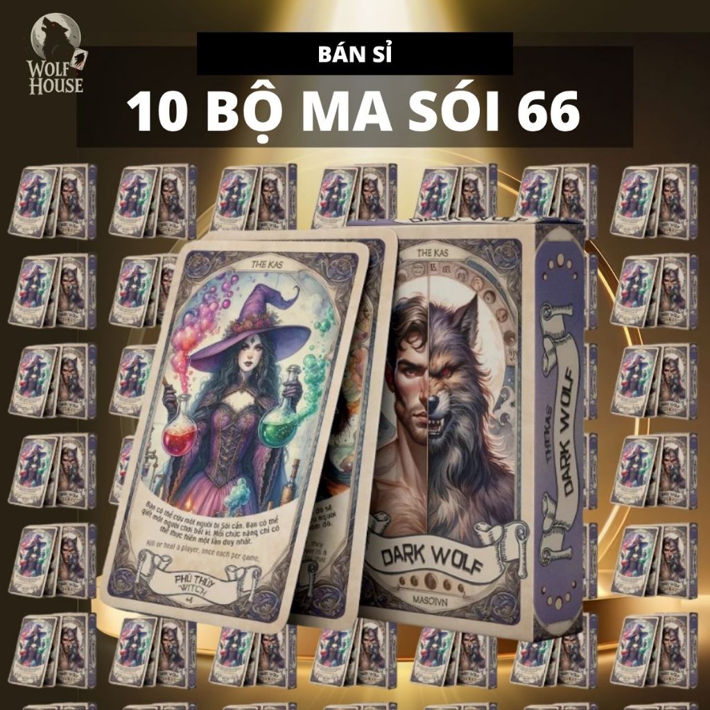 Combo 10 Bộ Ma Sói Tarot Darkwolf 66 Lá Giấy Cứng Hộp Nâu Họa Tiết Đẹp Dễ Mang Theo THE KAS