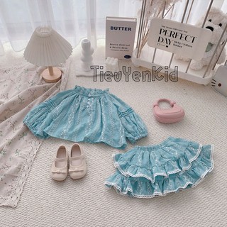 Quần áo trẻ em, Set xanh bé gái thêu hoạ tiết 9-26kg S2136 Tiểu Yến KID