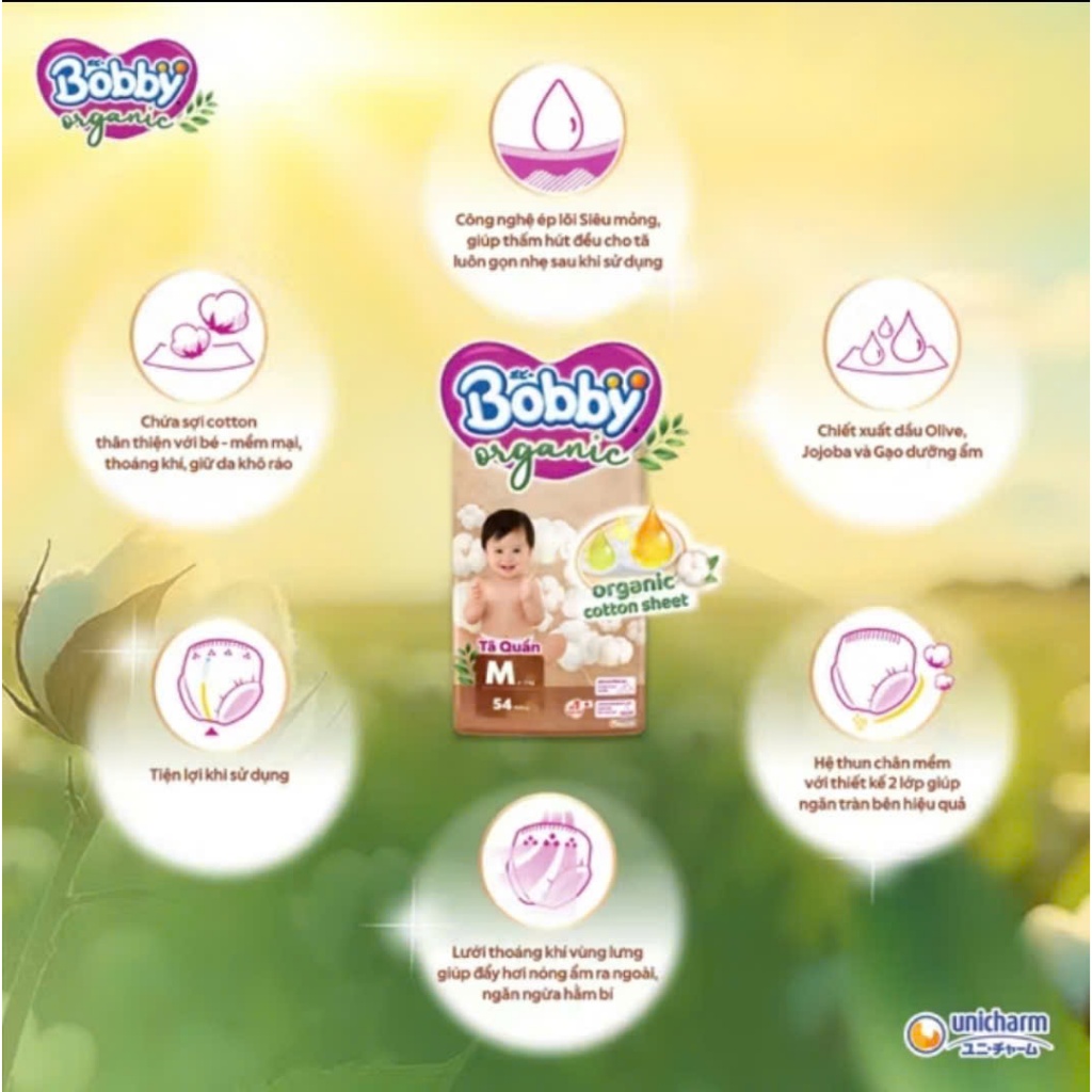 Tã quần cao cấp Bobby Organic chăm sóc dịu nhẹ từ thiên nhiên M72+8/L60+8/XL56+8/XXL54+6
