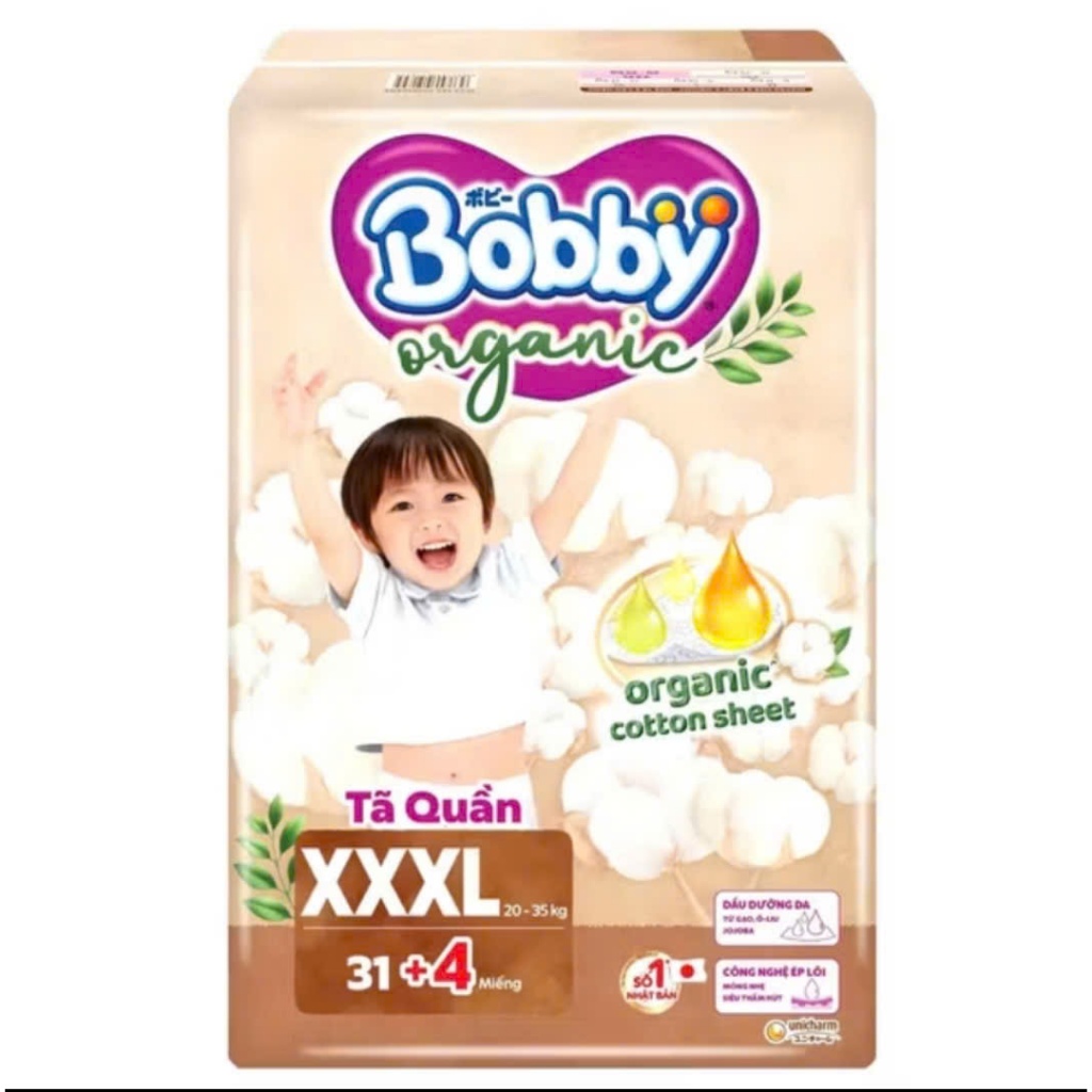 Tã quần cao cấp Bobby Organic chăm sóc dịu nhẹ từ thiên nhiên M72+8/L60+8/XL56+8/XXL54+6