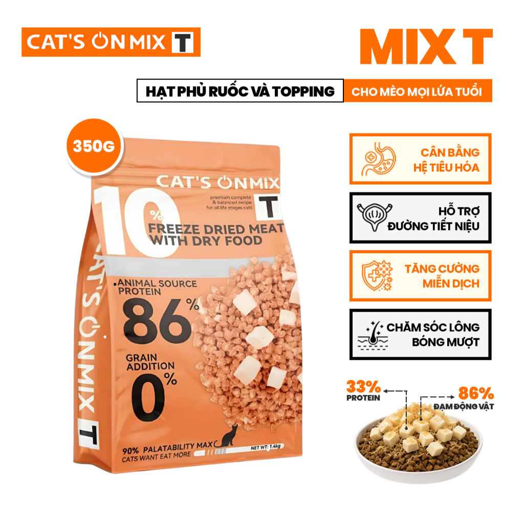 Hạt Cat's On Mix R & Mix T Cho Mèo Topping Gà Viên, Phủ Ruốc Gà, Tiêu Búi Lông, Cân Bằng Hệ Tiêu Hoá