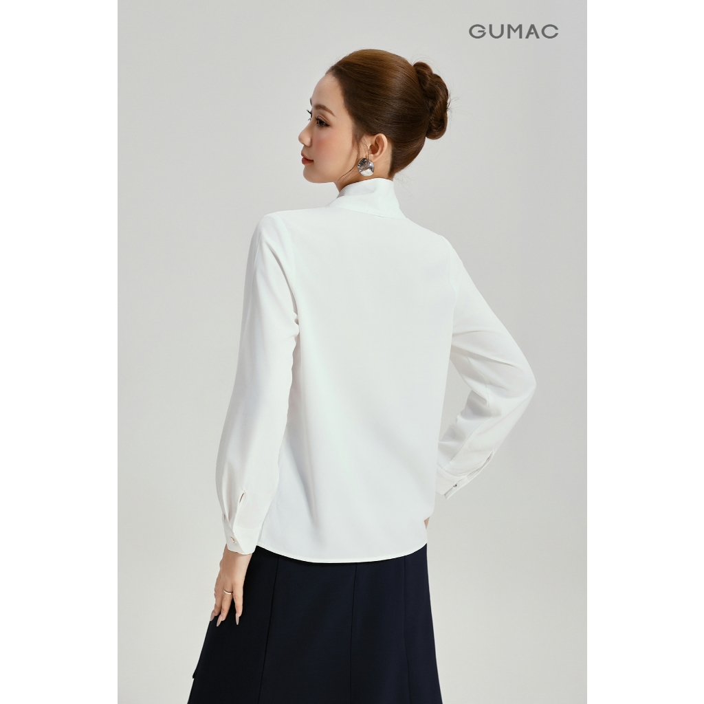 Áo Kiểu Nữ GUMAC Form Suông Tay Dài Cổ V Kèm Dây Nơ Lụa Xẹc Tiểu Thư AG04063