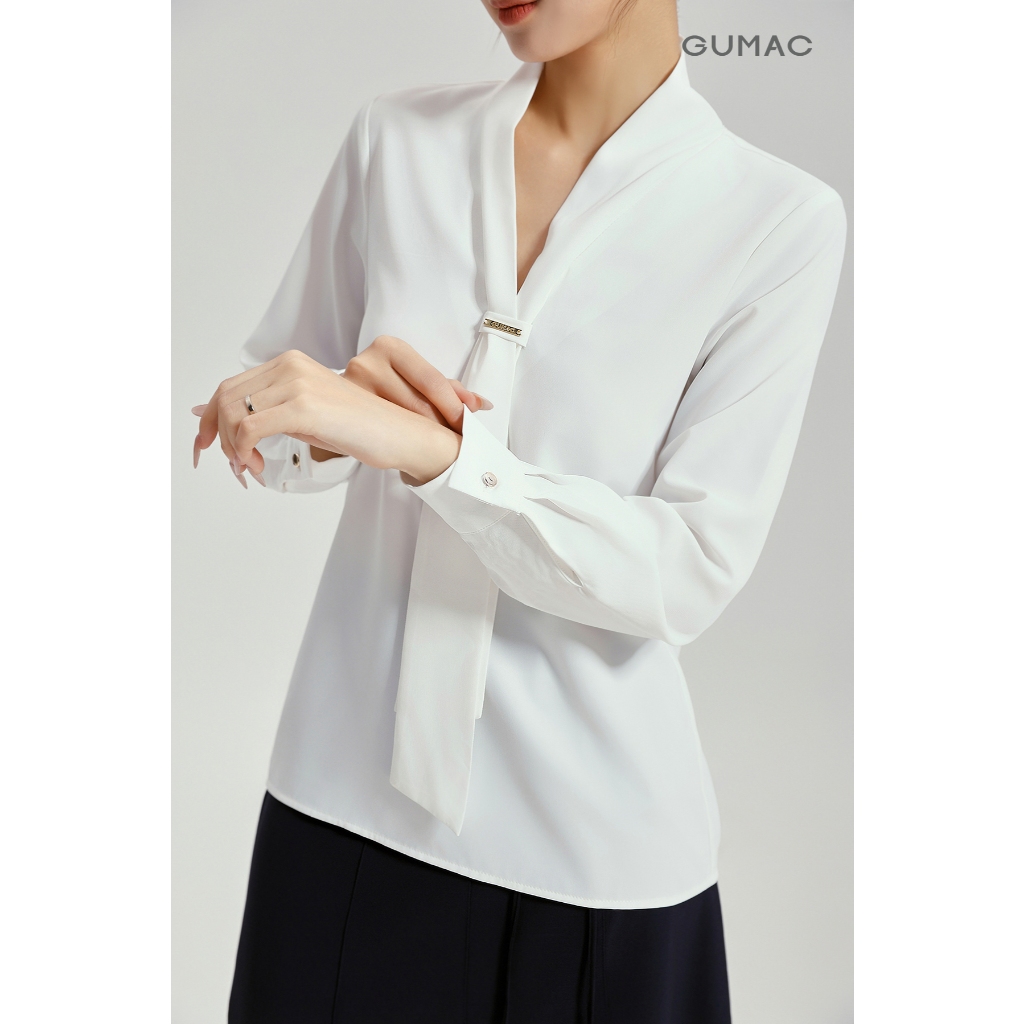 Áo Kiểu Nữ GUMAC Form Suông Tay Dài Cổ V Kèm Dây Nơ Lụa Xẹc Tiểu Thư AG04063