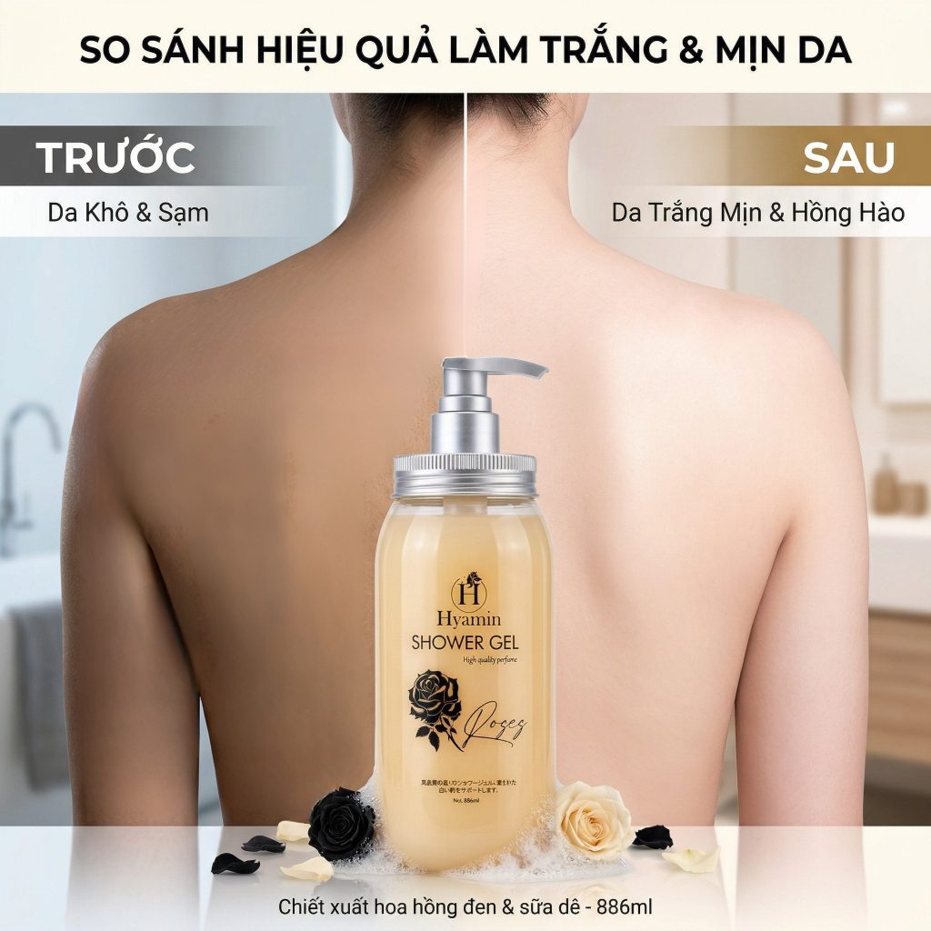 Sữa Tắm Trắng Da Hương Nước Hoa Hyamin 886ml – Collagen, Vitamin E & B5, Da Mềm Mịn, Quyến Rũ