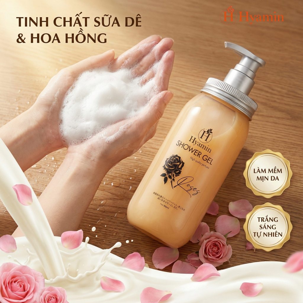 Sữa Tắm Trắng Da Hương Nước Hoa Hyamin 886ml – Collagen, Vitamin E & B5, Da Mềm Mịn, Quyến Rũ