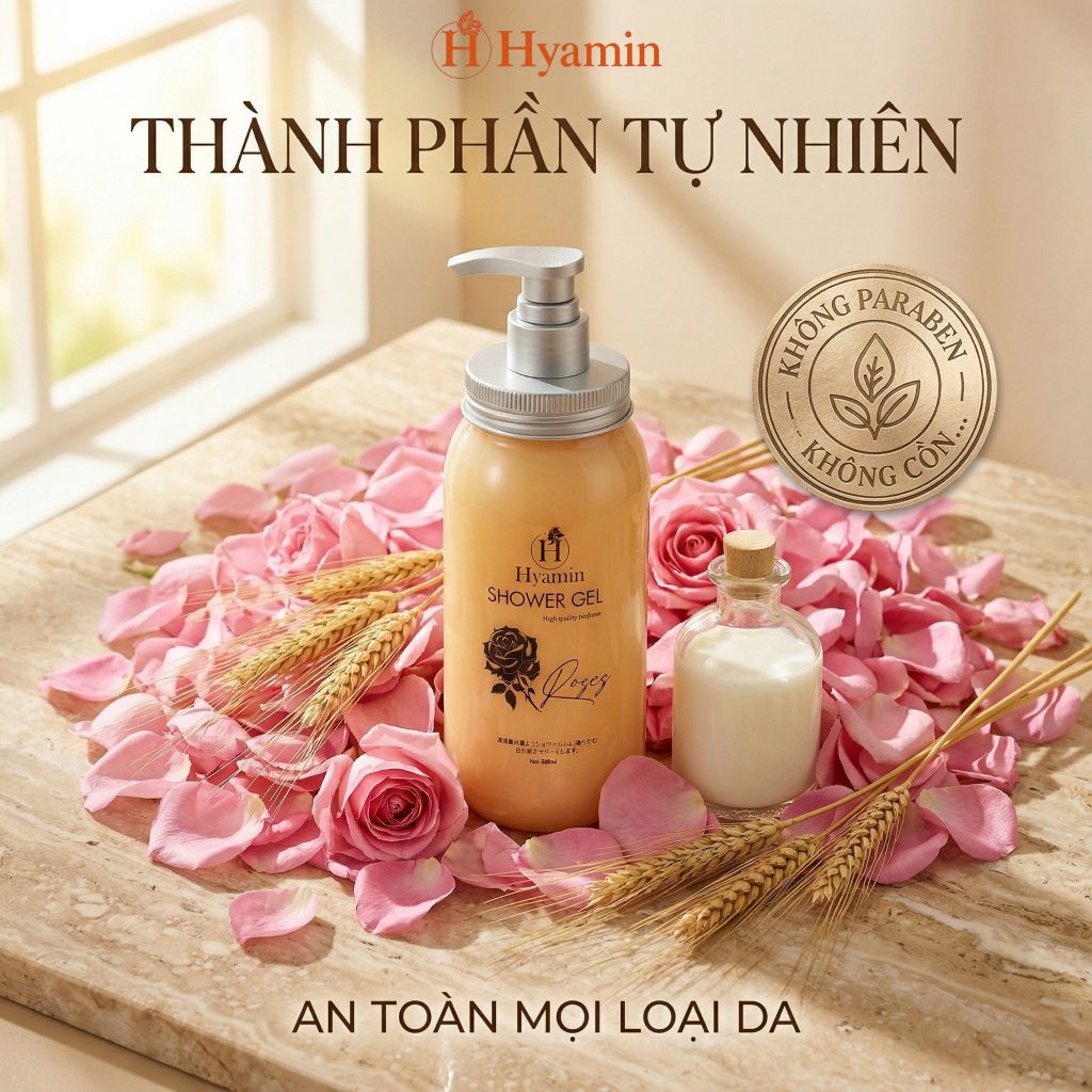 Sữa Tắm Trắng Da Hương Nước Hoa Hyamin 886ml – Collagen, Vitamin E & B5, Da Mềm Mịn, Quyến Rũ