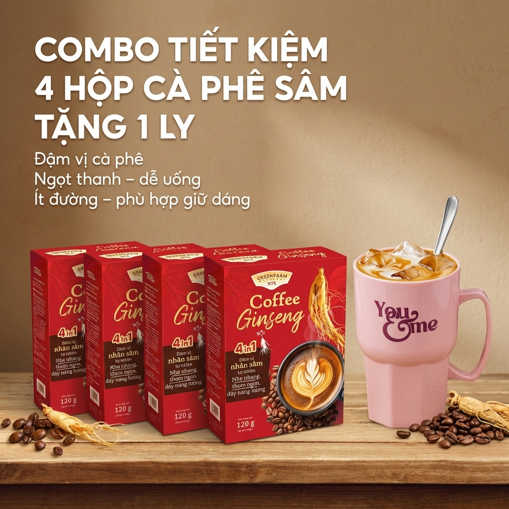 [ Combo 2 hộp ] Cà Phê Sâm GreenFarm –  Cafe Ít Đường – Hộp 10 Gói x 12gr