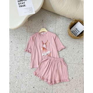 Set Bộ Đồ Nữ Thun Zip Mềm Mịn 3 Màu In Thỏ Mặc Váy Múa Viền Tay Bèo Mix Quần Sooc Đùi Bèo Gấu Ống Rộng
