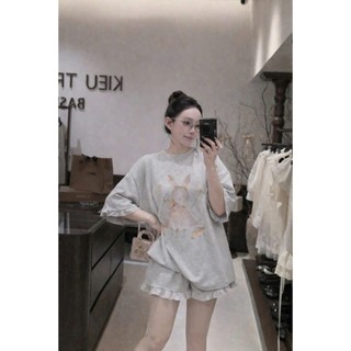 Set Bộ Đồ Nữ Thun Zip Mềm Mịn 3 Màu In Thỏ Mặc Váy Múa Viền Tay Bèo Mix Quần Sooc Đùi Bèo Gấu Ống Rộng