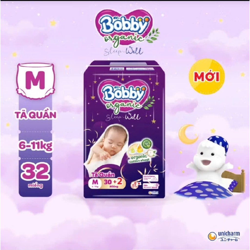 Tã quần Bobby Organic Sleep well Ban đêm M30+2 / L26+2/ XL24+2/ 2XL22+2/ 3XL20+2