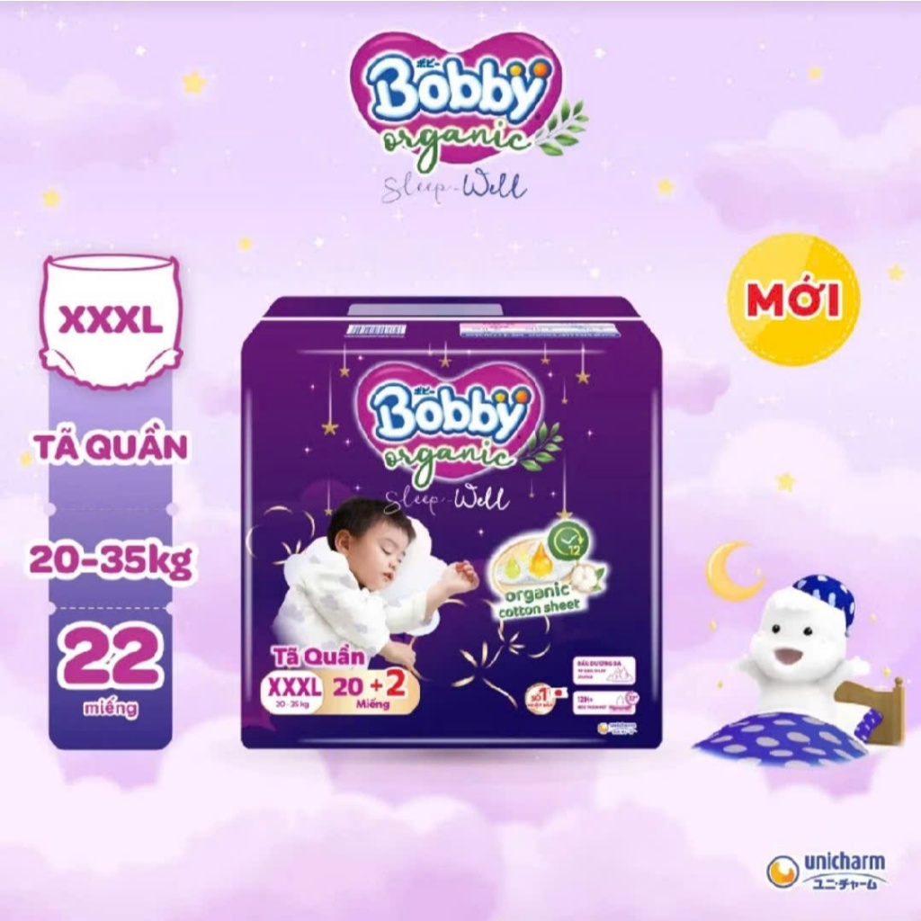 Tã quần Bobby Organic Sleep well Ban đêm M30+2 / L26+2/ XL24+2/ 2XL22+2/ 3XL20+2