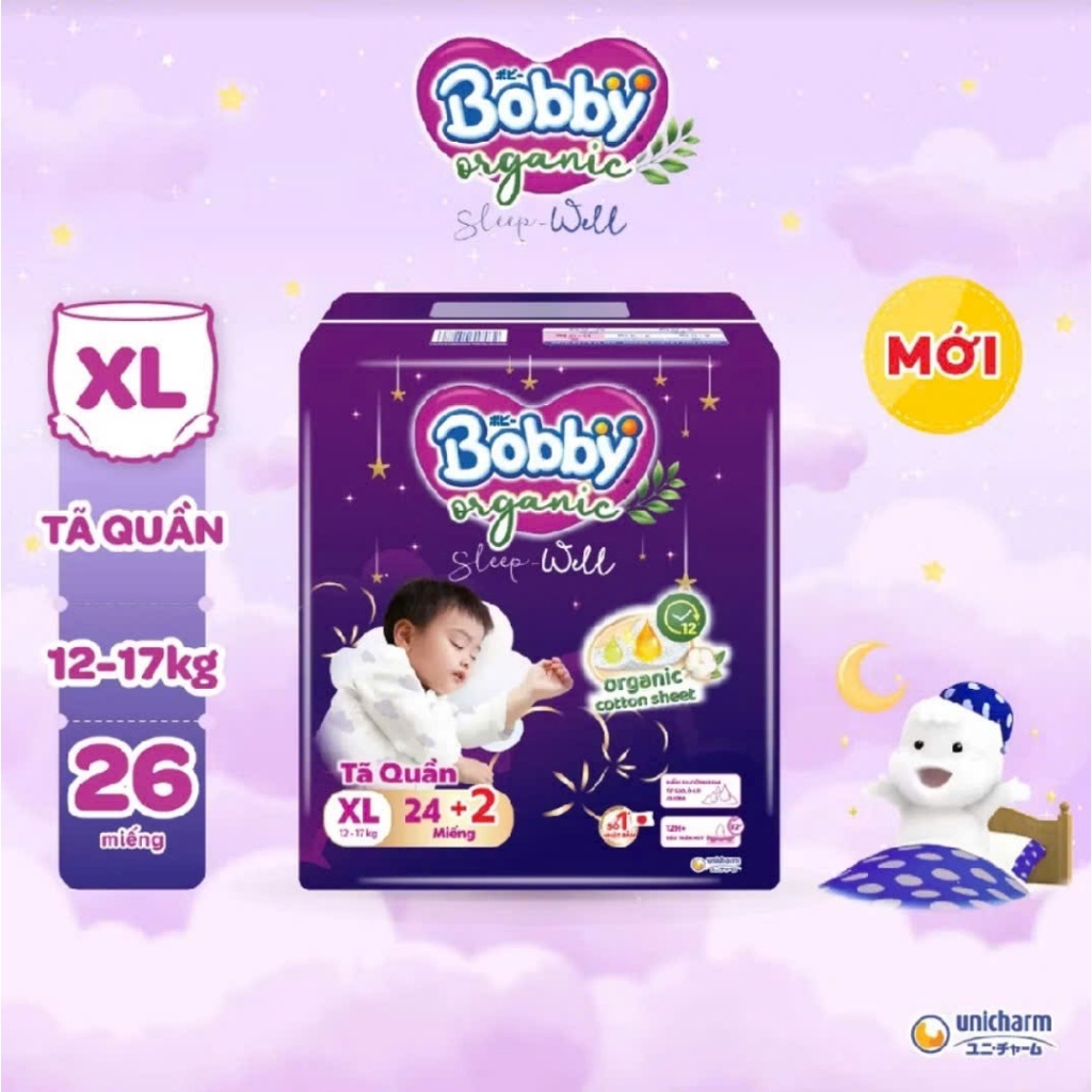Tã quần Bobby Organic Sleep well Ban đêm M30+2 / L26+2/ XL24+2/ 2XL22+2/ 3XL20+2
