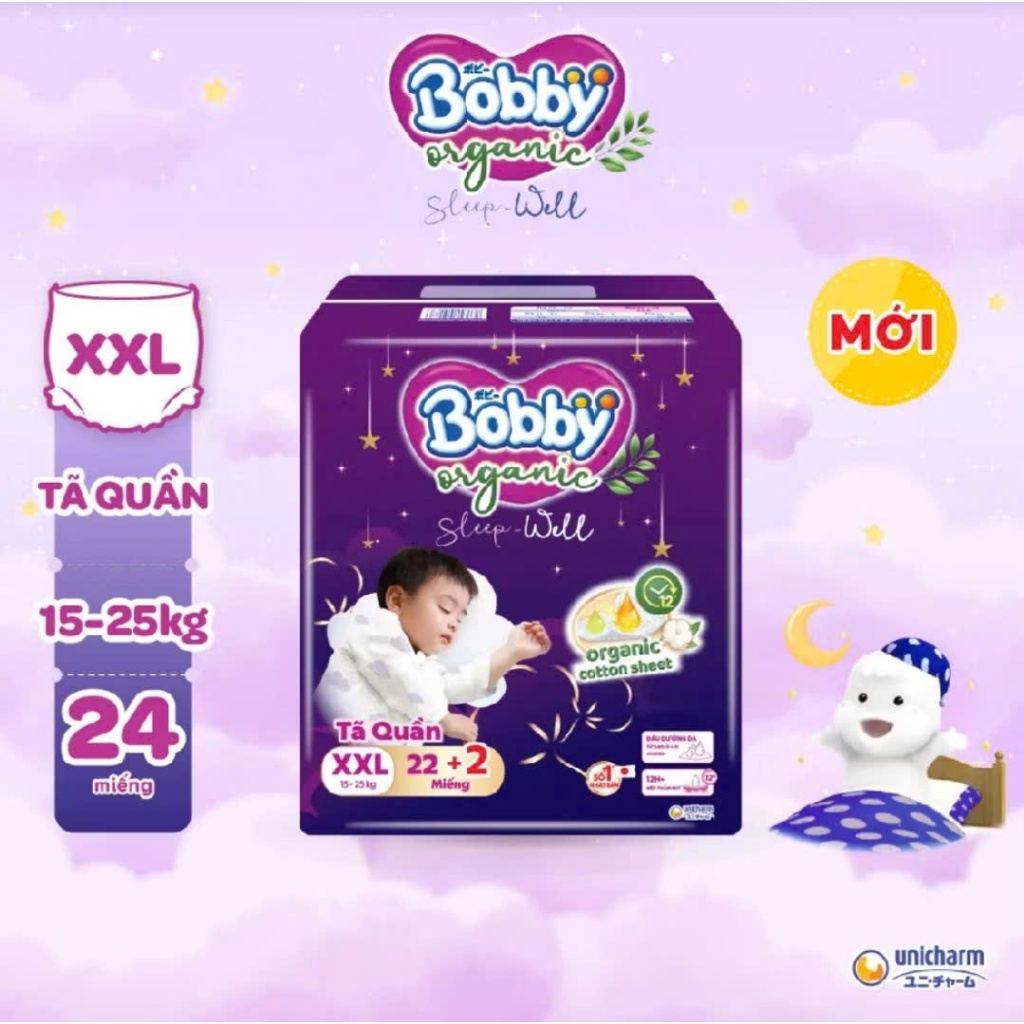 Tã quần Bobby Organic Sleep well Ban đêm M30+2 / L26+2/ XL24+2/ 2XL22+2/ 3XL20+2