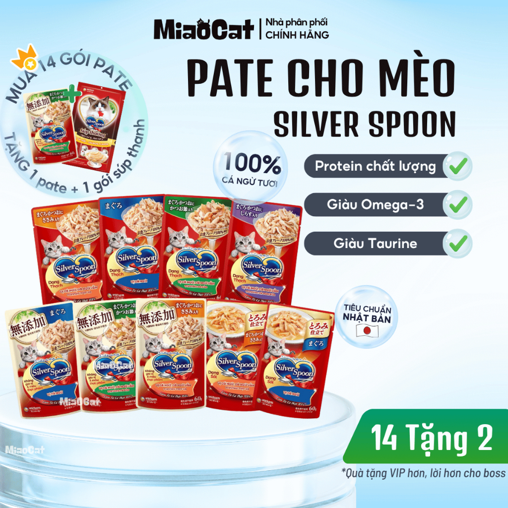 [14 TẶNG 2 QUÀ] Combo 14 Gói Pate Silver Spoon 60g Cho Mèo Dạng Sốt Và Thạch Cá Ngừ
