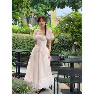 SEP House - Đầm maxi hoa nhí cúp ngực cổ vuông tay bồng bo chun phối mocking lưng tà xoè dài tiểu thư mùa hè - Chuẩn ảnh