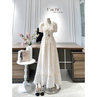 SEP House - Đầm maxi hoa nhí cúp ngực cổ vuông tay bồng bo chun phối mocking lưng tà xoè dài tiểu thư mùa hè - Chuẩn ảnh