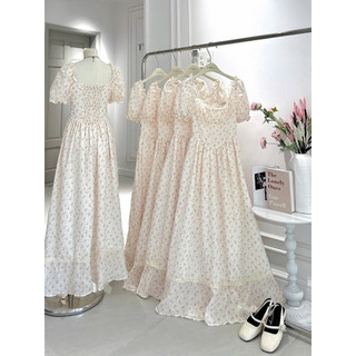 SEP House - Đầm maxi hoa nhí cúp ngực cổ vuông tay bồng bo chun phối mocking lưng tà xoè dài tiểu thư mùa hè - Chuẩn ảnh