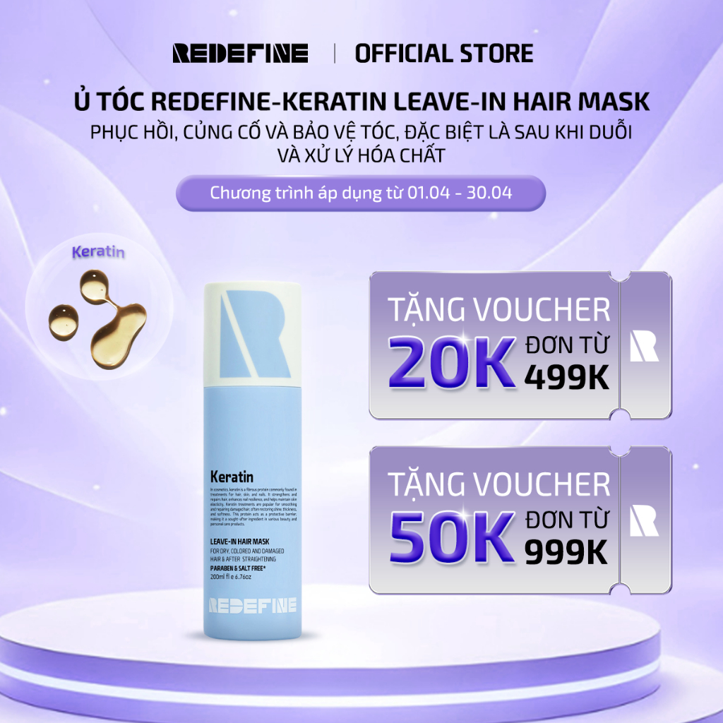 Mặt nạ ủ tóc REDEFINE-Keratin Leave-In phục hồi tóc hư tổn - Xịt dưỡng tóc cao cấp cho tóc khô xơ, nhuộm uốn (250ml)
