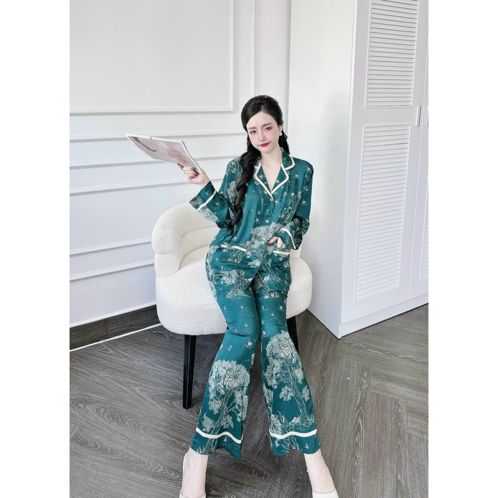 [Size 55-68kg TDQD230525] Đồ nữ mặc nhà áo tay dài quần dài lụa mềm nút bọc - nắp túi latin