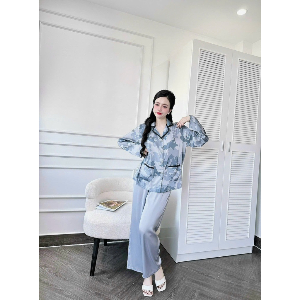 [Size 55-68kg TDQD230525] Đồ nữ mặc nhà áo tay dài quần dài lụa mềm nút bọc - nắp túi latin